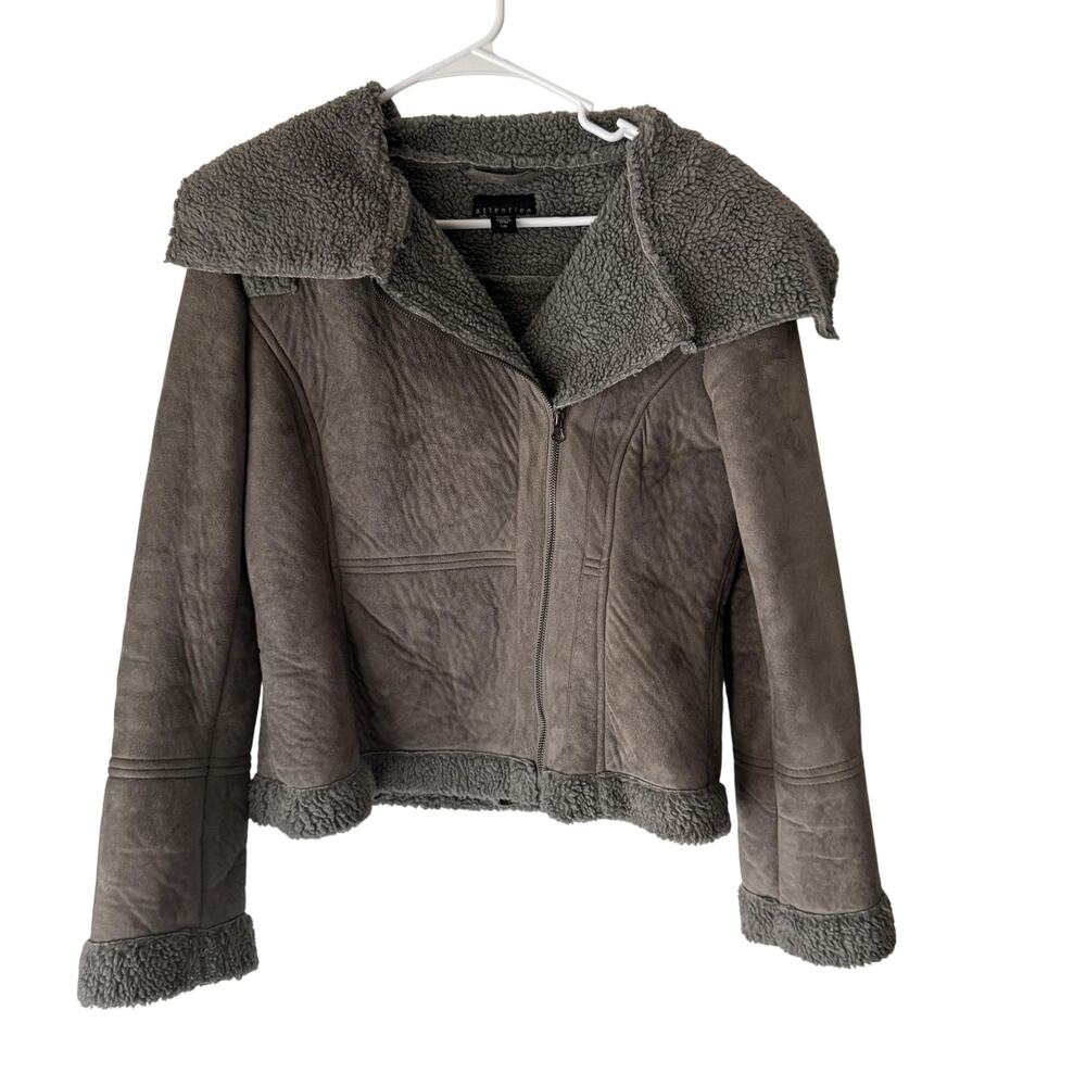 Attention Y2k Womens Large Faux Shearling‎ Sherpa Lined Zip Up Winter Coat